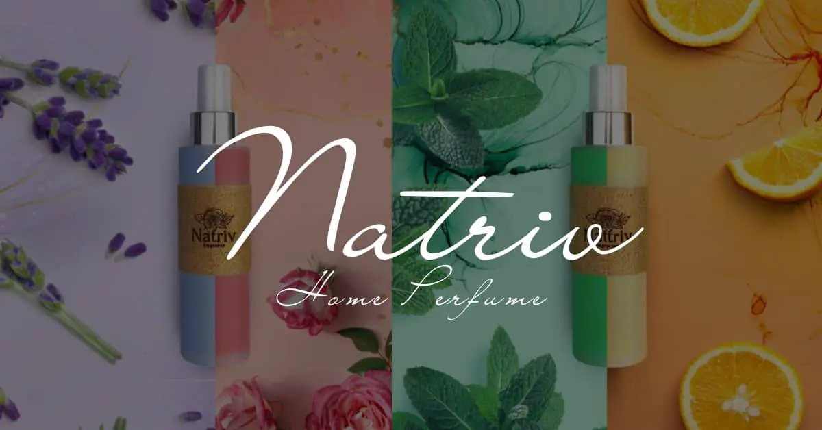 Bild von der Firma Natriv mit Darstellung von den 4 Premium Perfüm Geruchsrichtungen: Lavendel, Rose, Pfefferminze und Orange.